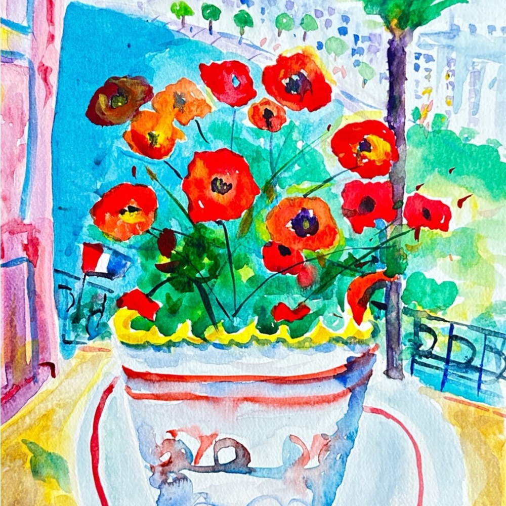 Original Watercolor Print of Red Flowers in Decorative Pot